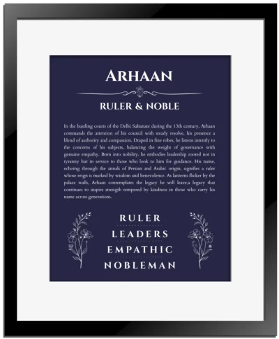 Arhaan name meaning wall art by Get Your Story in navy blue with black matte frame