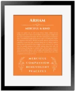 Arham personalized name print with origin and traits in orange with black matte frame