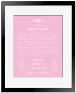 Aria personalized name print with origin and traits in light pink with black matte frame