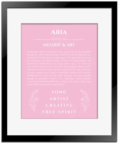 Aria personalized name print with origin and traits in light pink with black matte frame