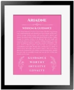 Ariadne personalized name print with origin and traits in pink with black matte frame