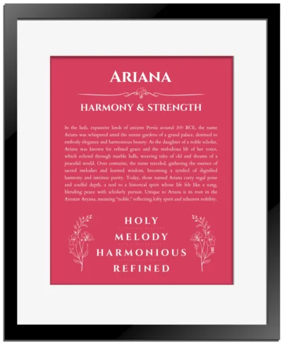 Ariana personalized name art with origin story in red with black matte frame