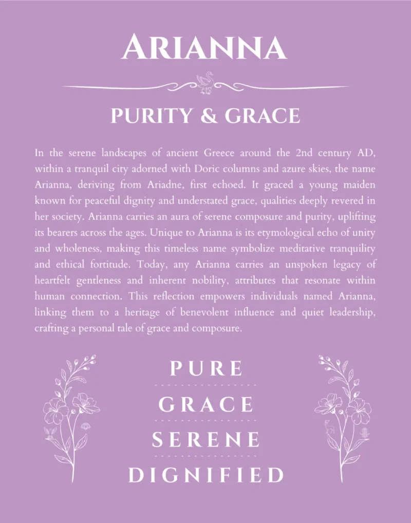 Arianna personalized name print with origin and traits in light purple
