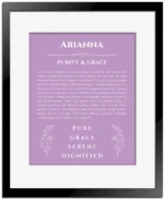 Arianna personalized name print with origin and traits in light purple with black matte frame