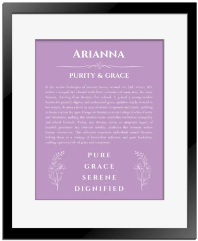 Arianna personalized name print with origin and traits in light purple with black matte frame