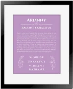 Arianny personalized wall art with the story of your name in light purple with black matte frame