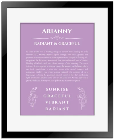 Arianny personalized wall art with the story of your name in light purple with black matte frame