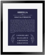 Ariella custom name meaning print in navy blue with black matte frame