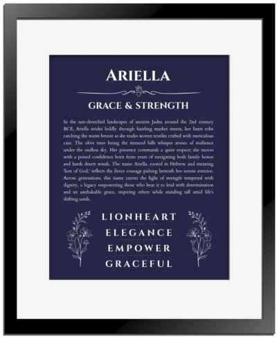 Ariella custom name meaning print in navy blue with black matte frame