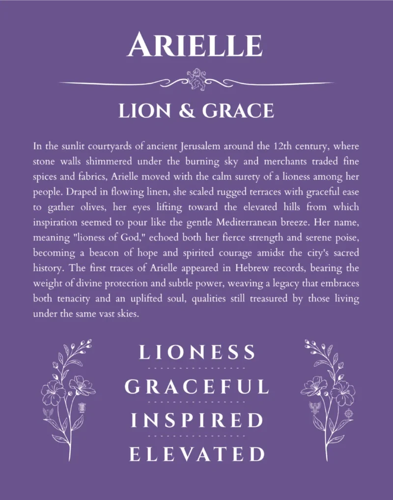 Arielle custom name art showing meaning and origin in purple