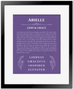 Arielle custom name art showing meaning and origin in purple with black matte frame