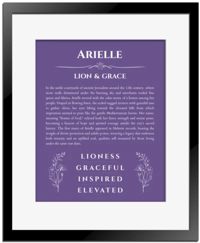 Arielle custom name art showing meaning and origin in purple with black matte frame