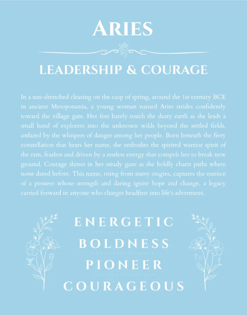 Aries name origin print with meaning and traits in light blue