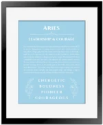 Aries name origin print with meaning and traits in light blue with black matte frame