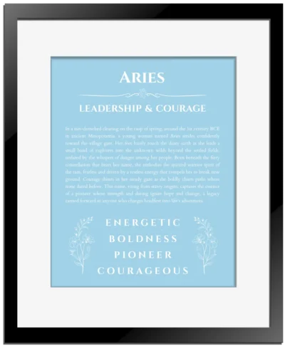 Aries name origin print with meaning and traits in light blue with black matte frame