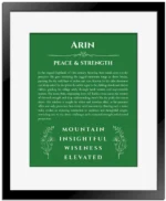 Arin personalized name print with origin and traits in dark green with black matte frame