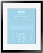 Arina name meaning gift print in light blue with black matte frame