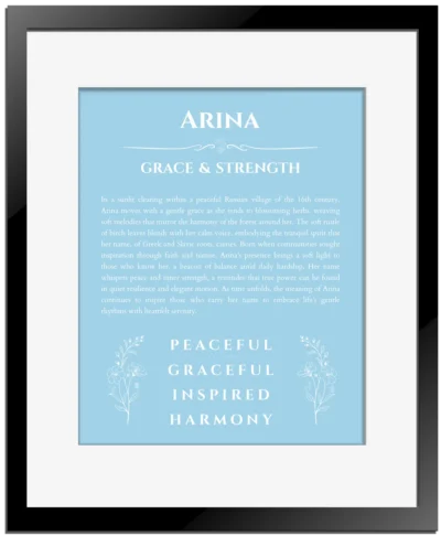 Arina name meaning gift print in light blue with black matte frame