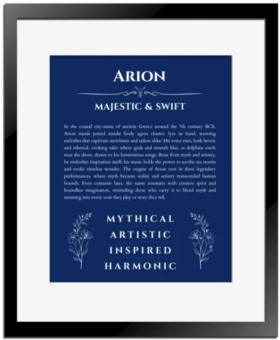 Arion name meaning gift print in deep blue with black matte frame