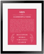 Aris name origin print with meaning and traits in red with black matte frame