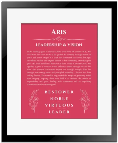 Aris name origin print with meaning and traits in red with black matte frame