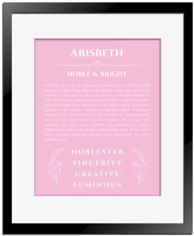 Arisbeth custom name art showing meaning and origin in light pink with black matte frame