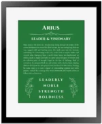 Arius personalized name print with origin and traits in dark green with black matte frame