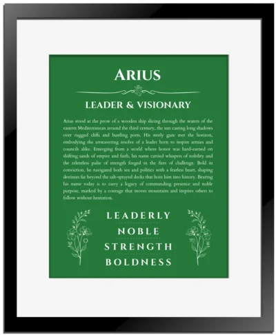 Arius personalized name print with origin and traits in dark green with black matte frame
