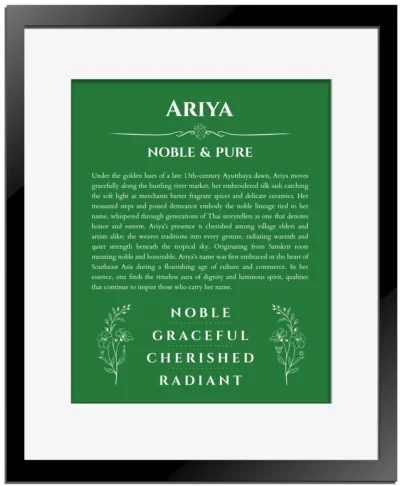 Ariya name meaning wall art by Get Your Story in dark green with black matte frame
