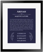 Ariyah personalized name art with origin story in navy blue with black matte frame