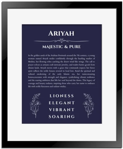 Ariyah personalized name art with origin story in navy blue with black matte frame