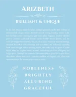 Arizbeth personalized name print with origin and traits in light blue