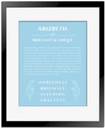 Arizbeth personalized name print with origin and traits in light blue with black matte frame