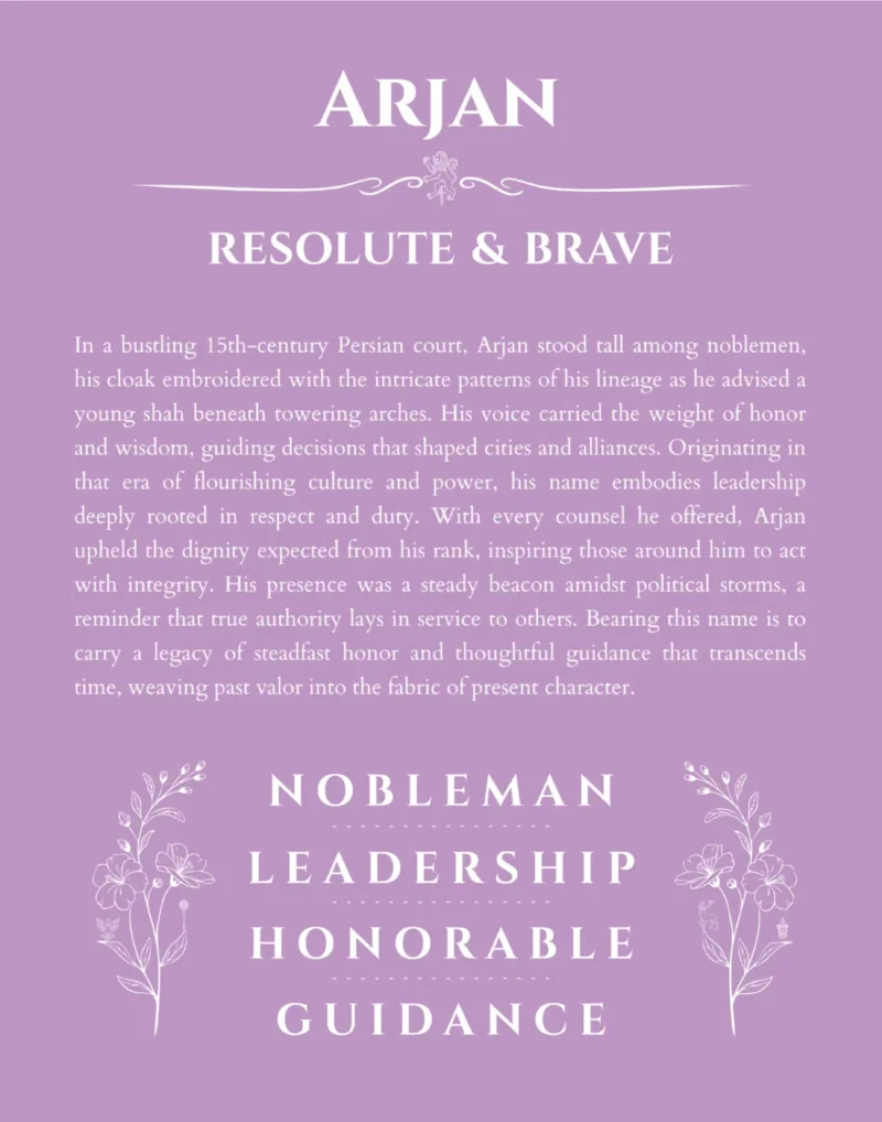 Arjan name origin print with meaning and traits in light purple