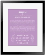 Arjan name origin print with meaning and traits in light purple with black matte frame