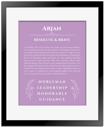 Arjan name origin print with meaning and traits in light purple with black matte frame