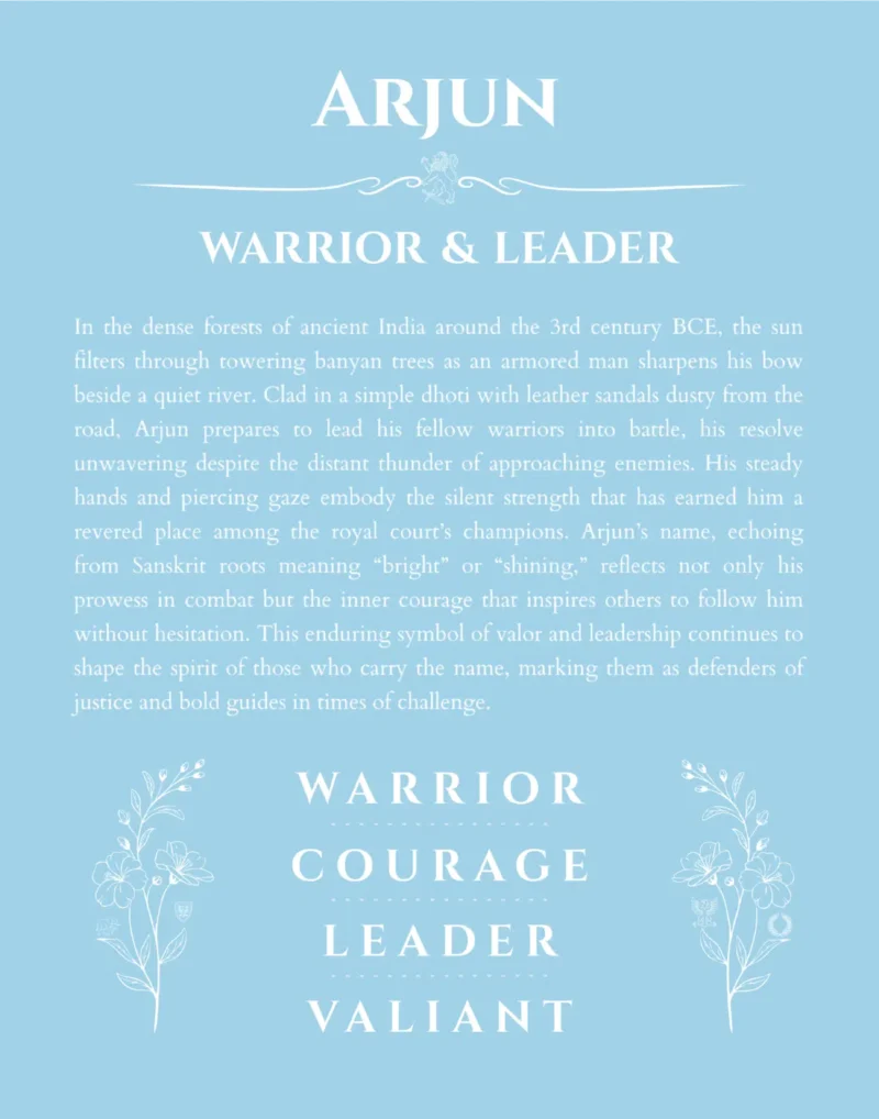 Arjun name origin print with meaning and traits in light blue