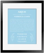 Arjun name origin print with meaning and traits in light blue with black matte frame