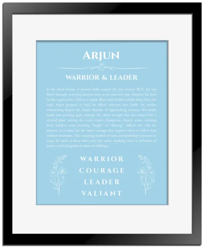 Arjun name origin print with meaning and traits in light blue with black matte frame