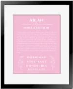 Arlan custom name meaning print in light pink with black matte frame