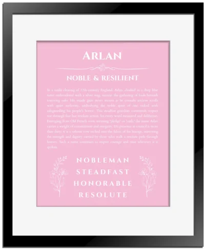 Arlan custom name meaning print in light pink with black matte frame