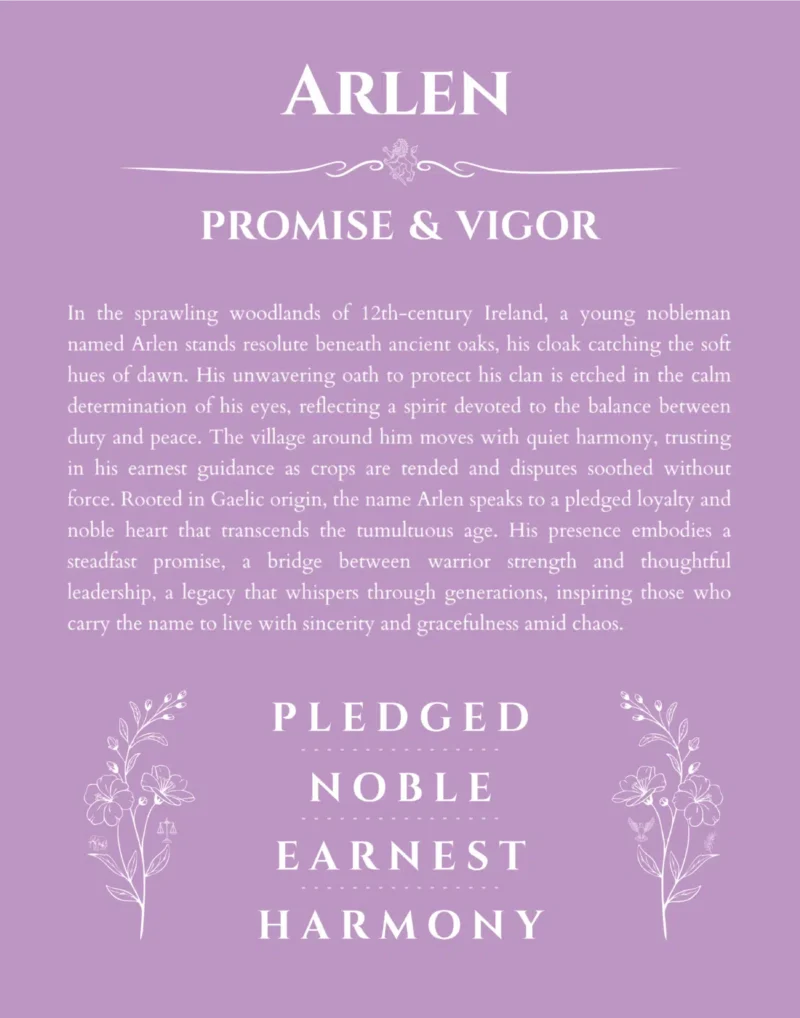 Arlen name origin print with meaning and traits in light purple
