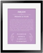 Arlen name origin print with meaning and traits in light purple with black matte frame