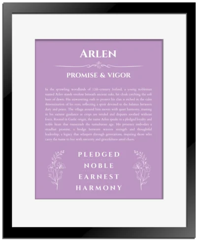 Arlen name origin print with meaning and traits in light purple with black matte frame