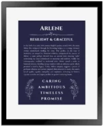 Arlene personalized name meaning print in navy blue with black matte frame