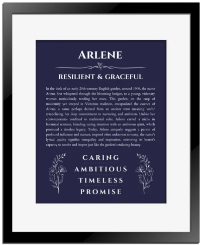 Arlene personalized name meaning print in navy blue with black matte frame