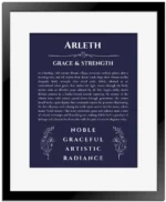 Arleth personalized name meaning print in navy blue with black matte frame