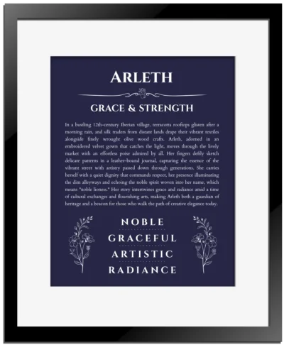 Arleth personalized name meaning print in navy blue with black matte frame
