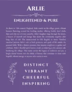 Arlie personalized name print with origin and traits in purple