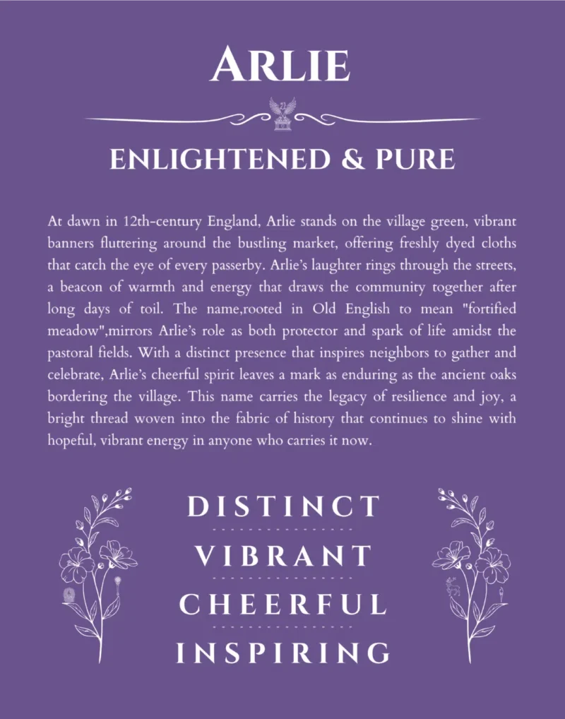 Arlie personalized name print with origin and traits in purple
